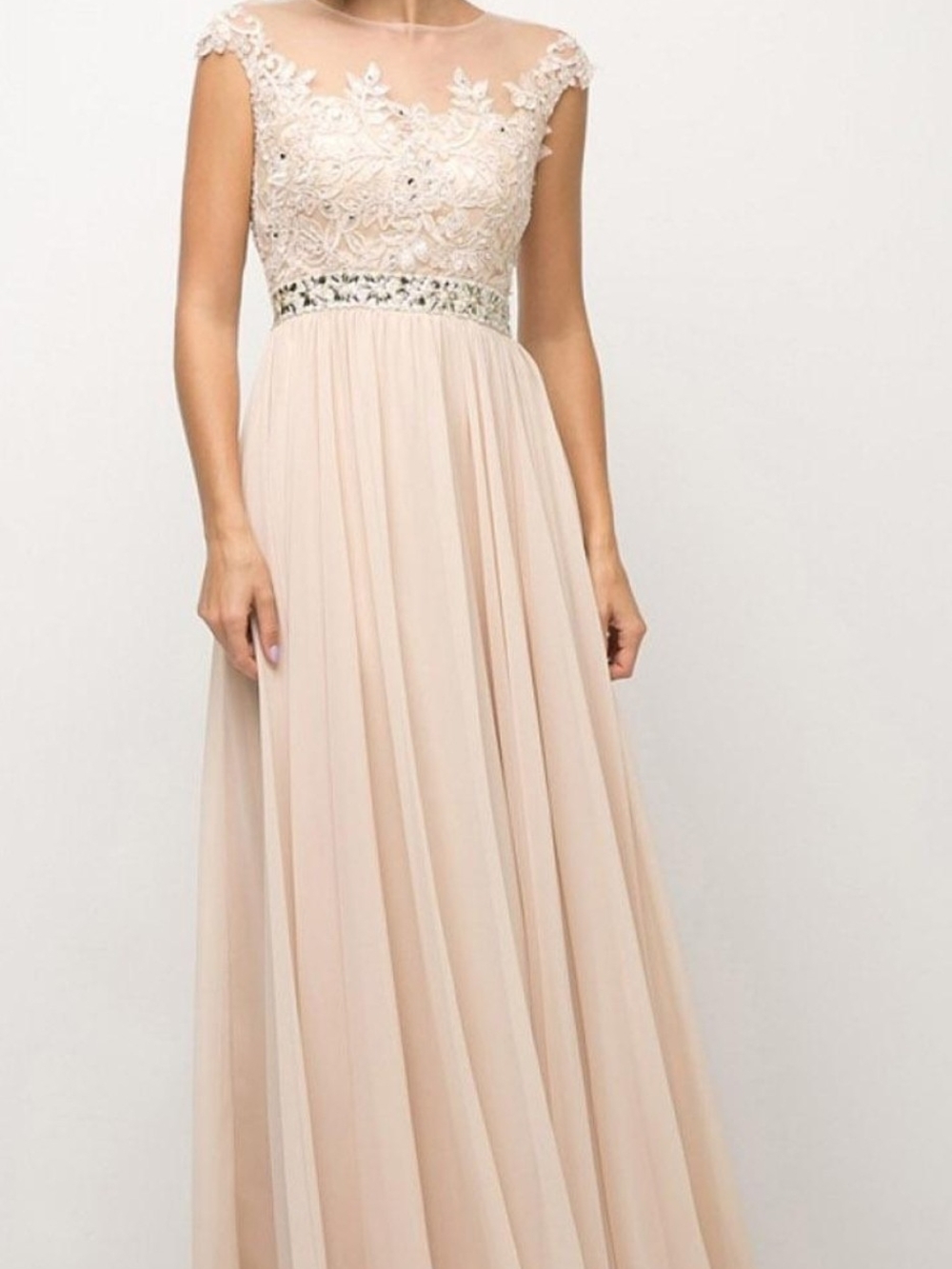 Let's Elegant Lace Bodice Chiffon Evening Dress - Blush